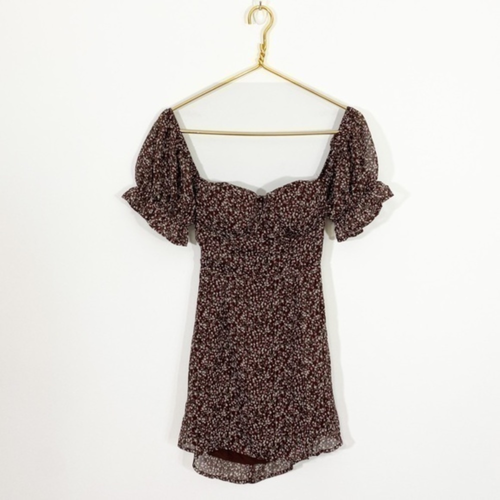 The Reset Small Brown Pink Ditsy Floral Sweetheart Neck Mini Dress Puff Sleeve